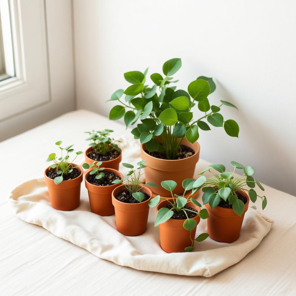 Krem keten üzerinde küçük terracotta saksılarda yeşil bitkiler