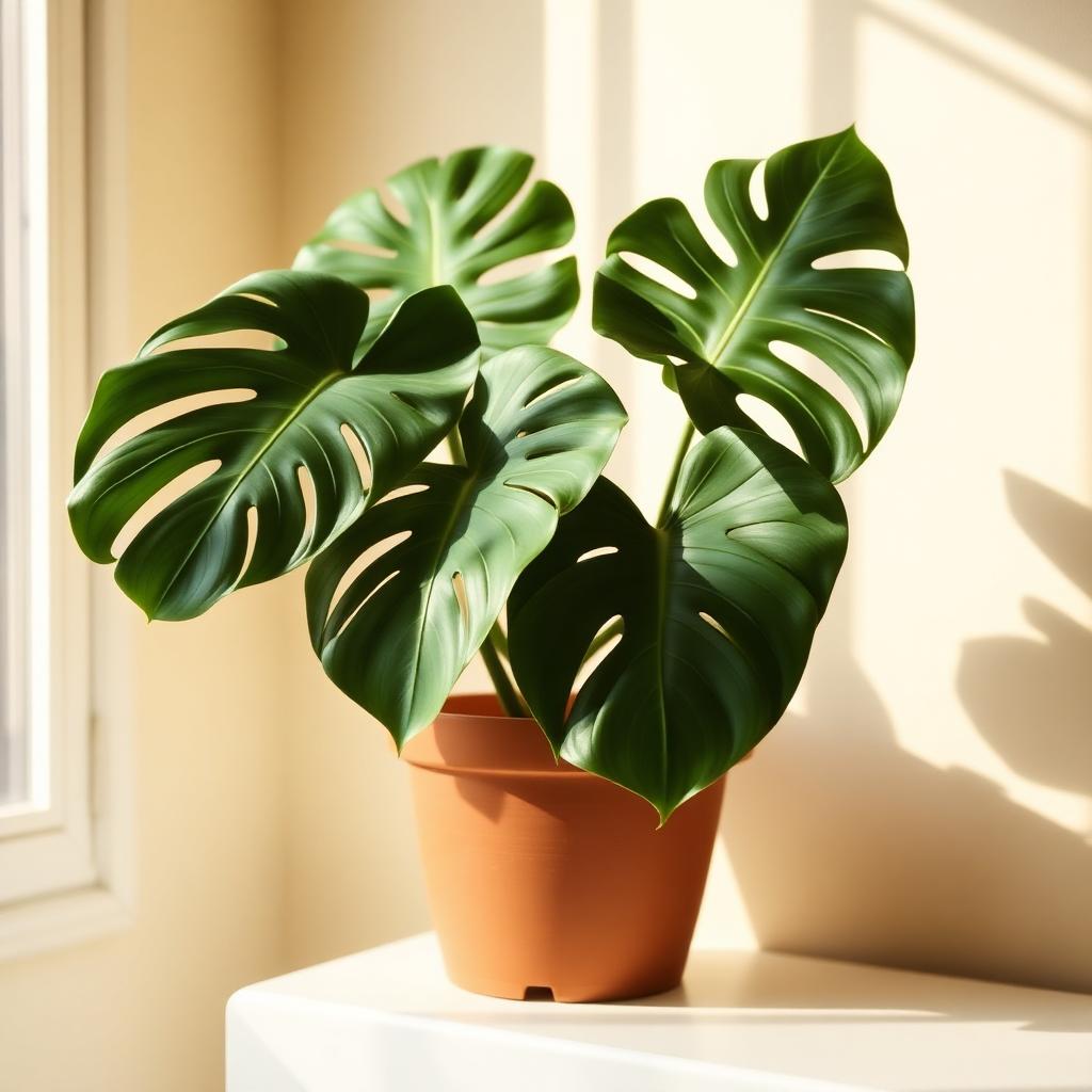 Terracotta saksıda Monstera Deliciosa, yumuşak öğleden sonra ışığında